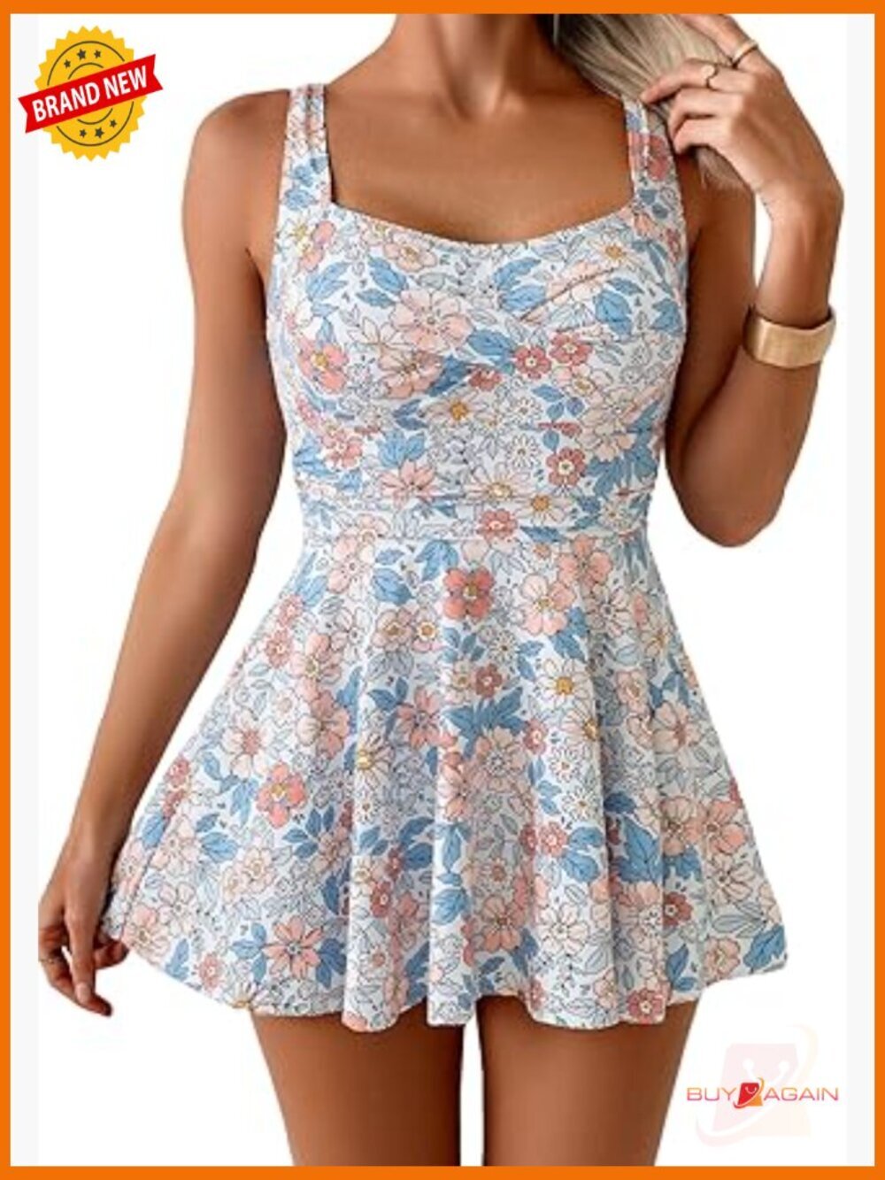 Tummy Control Wrap One Piece Swimdress with Ruched Skirt Square Neck Tank Top